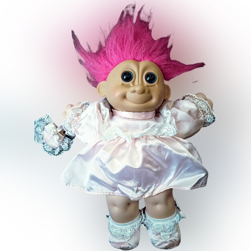 Vintage Russ Troll Kidz Pink Hair & Satin Lace Dress 12" Plush Blue Eyes 2325
